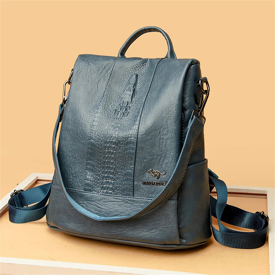 Women's Crocodile Pattern Backpack Leather School Bookbags for Girls Bagpack Large Capacity Designer Travel Rucksack Mochilas