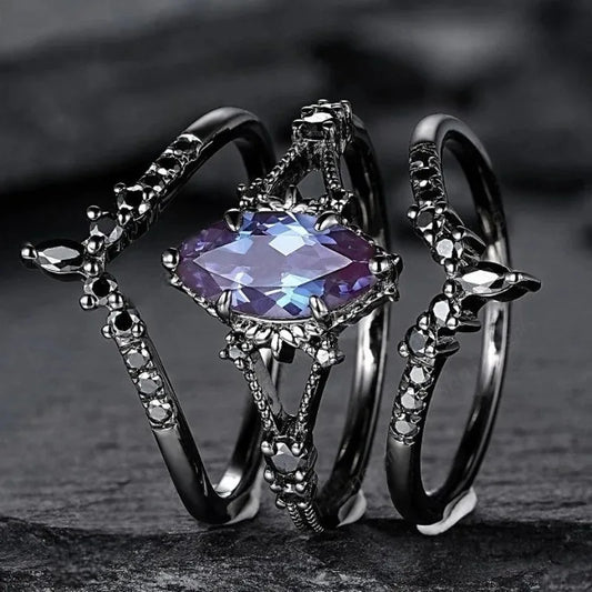 Vintage Black Color Geometry Inlaid with Colored Zircon Women's Ring Fashion Party Engagement Set of Rings Jewelry