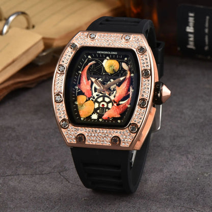 2026 New Hengbolong Diamond Quartz Watch Men's Fashion Koi Pattern with Calendar Watch