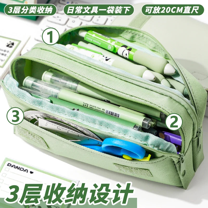 Green Panda Pencil Bag Large Capacity Stationery Pen Case Bear Dog Cat Handle Storage School Supplies Gift Box PU Ruler Holder A