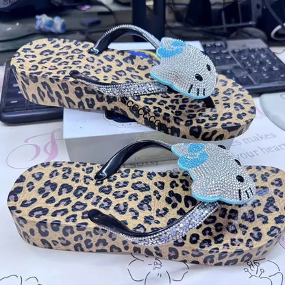 Hello Kitty Rhinestone Flip Flops Leopard Print Y2K Women Bling Non-Slip Summer Beach Casual Thong Sandals Actual Photos