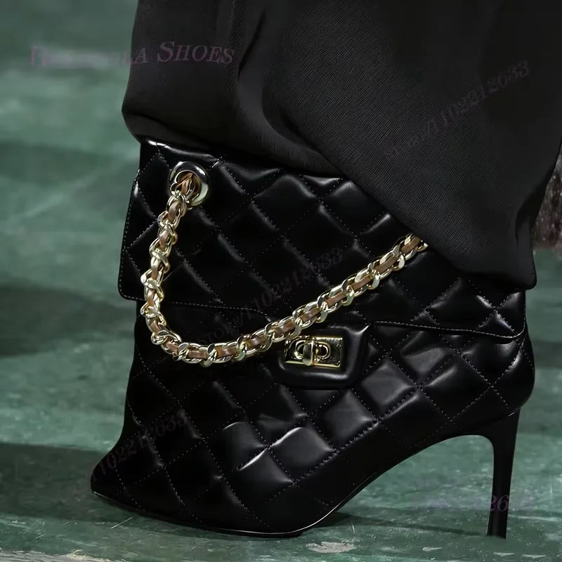 Red Handbag Chain Boots Pointed Toe Women Brown Leather Plaid Metal Buckle Heels Ankle Calf Booties Girl White Stiletto Shoes