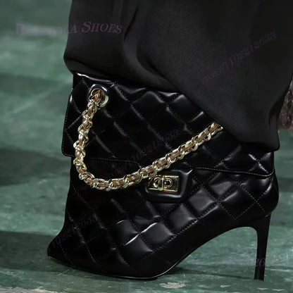 Red Handbag Chain Boots Pointed Toe Women Brown Leather Plaid Metal Buckle Heels Ankle Calf Booties Girl White Stiletto Shoes