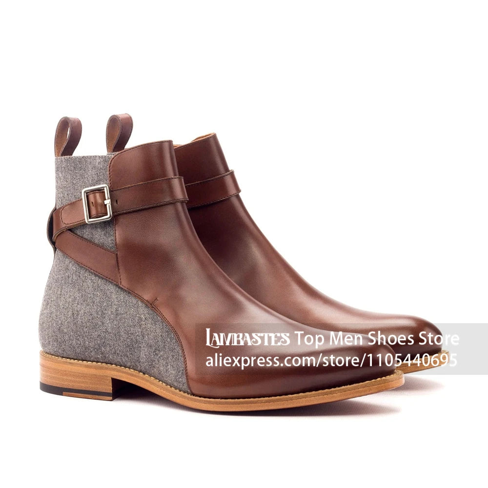 Suede Buckle Strap Ankle Boots Suede Leather Side Buckle Casual Dress Boots Vintage Suede Low Block Heel Pull On Boots for Men