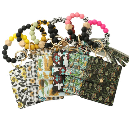 Bull Silicone Beads Bracelet Pu Leather Purse Leopard Print Tassel Cow Wallet Keychain Silicone Beaded ID Card Holder Keychain