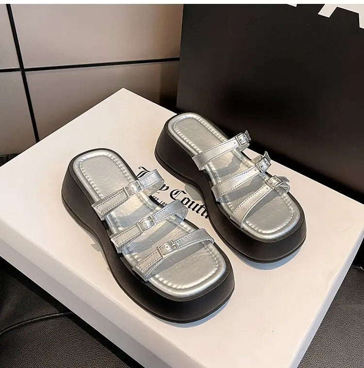 Women Thicken Soled Buckle Strap Sandals Platform High Heel Shoes Ladies Cut-Out Slippers Open Toe Flipflops Silver Beach Slides