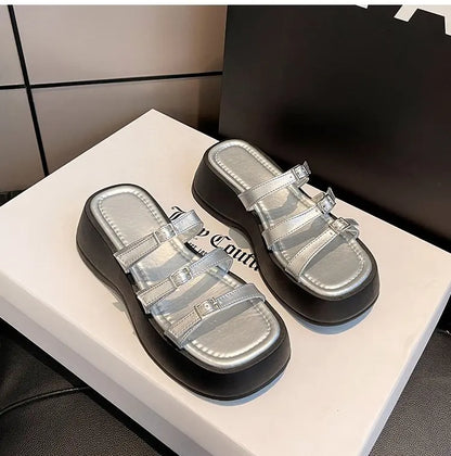Women Thicken Soled Buckle Strap Sandals Platform High Heel Shoes Ladies Cut-Out Slippers Open Toe Flipflops Silver Beach Slides