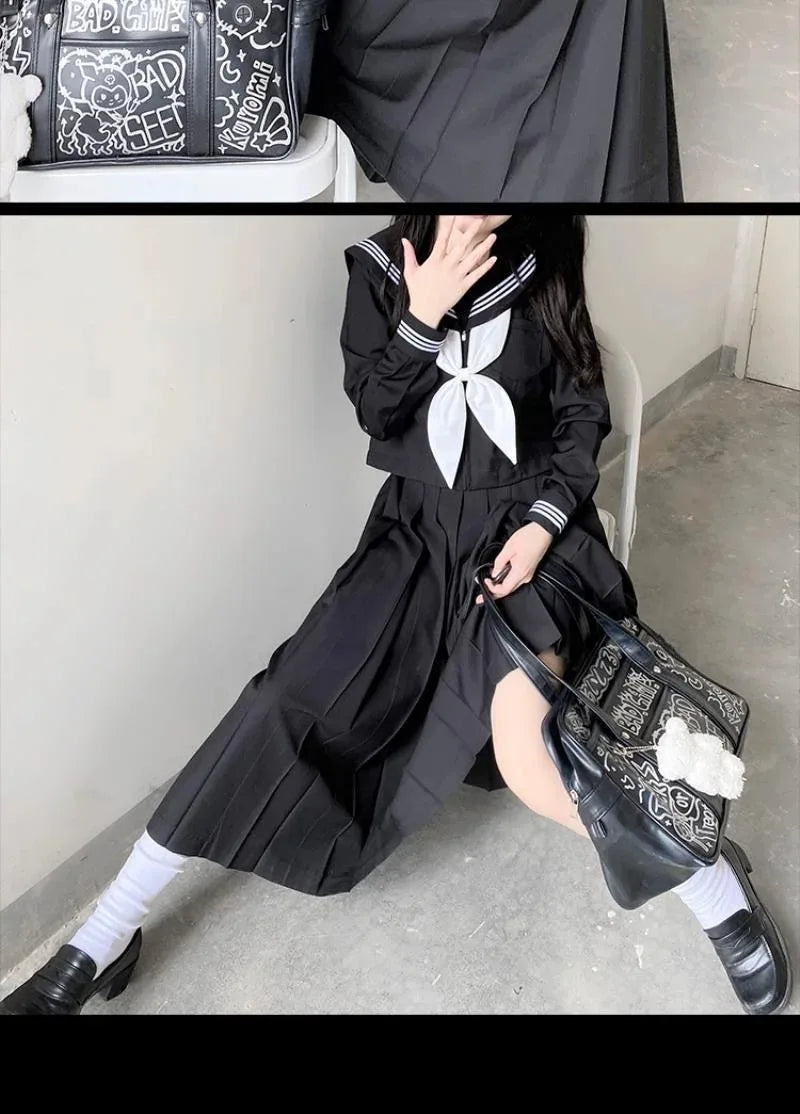 Japanese School Uniforms Student Style Girls Navy Costume Women Sexy Black JK Long Dress Suit Sailor Blouse Pleated Skirt Set
