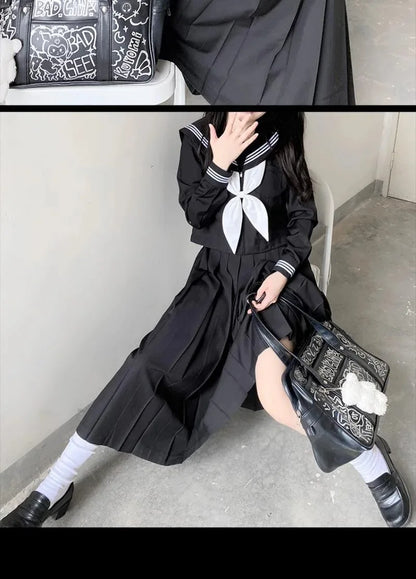Japanese School Uniforms Student Style Girls Navy Costume Women Sexy Black JK Long Dress Suit Sailor Blouse Pleated Skirt Set
