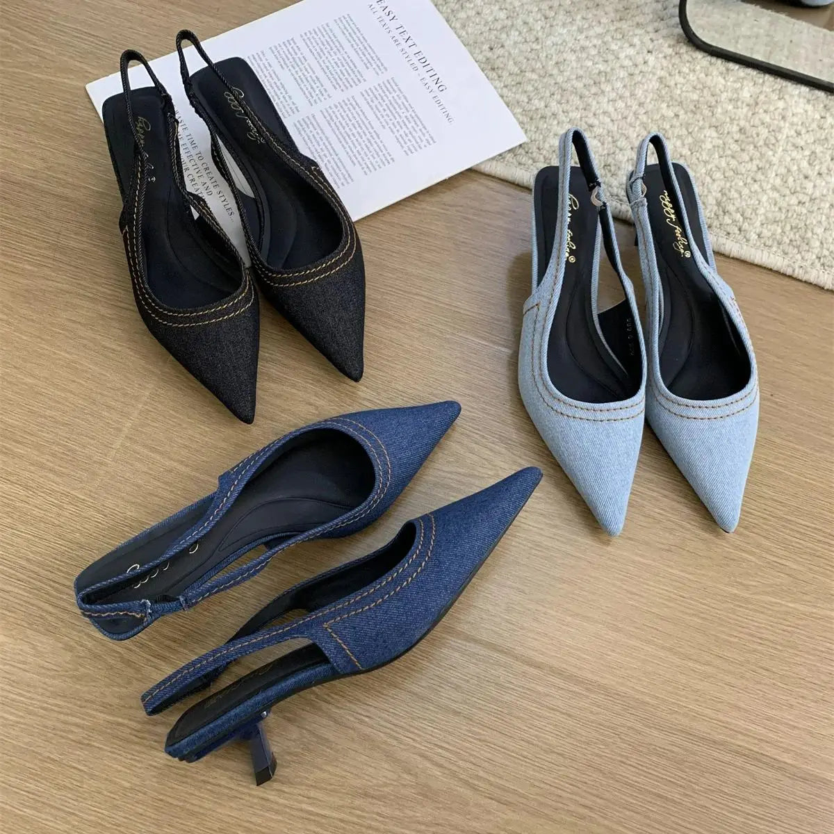 Bailamos Brand New Women Sandals Fashion Pointed Toe Shallow Slip On Ladies Elegant Slingback Shoes Med Heel Pumps Shoes Mujer