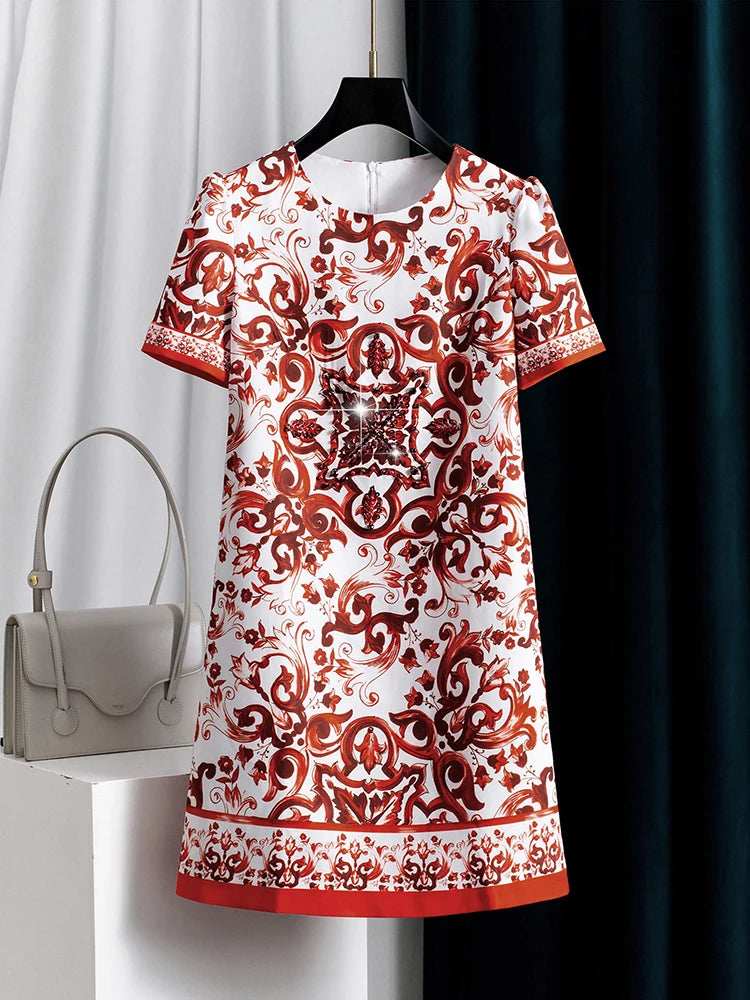 Stylish Classy Vintage Chinese Blue White Porcelain Beaded Puff Sleeve Round Neck Shift Dress for Women Summer Casual Party Chic