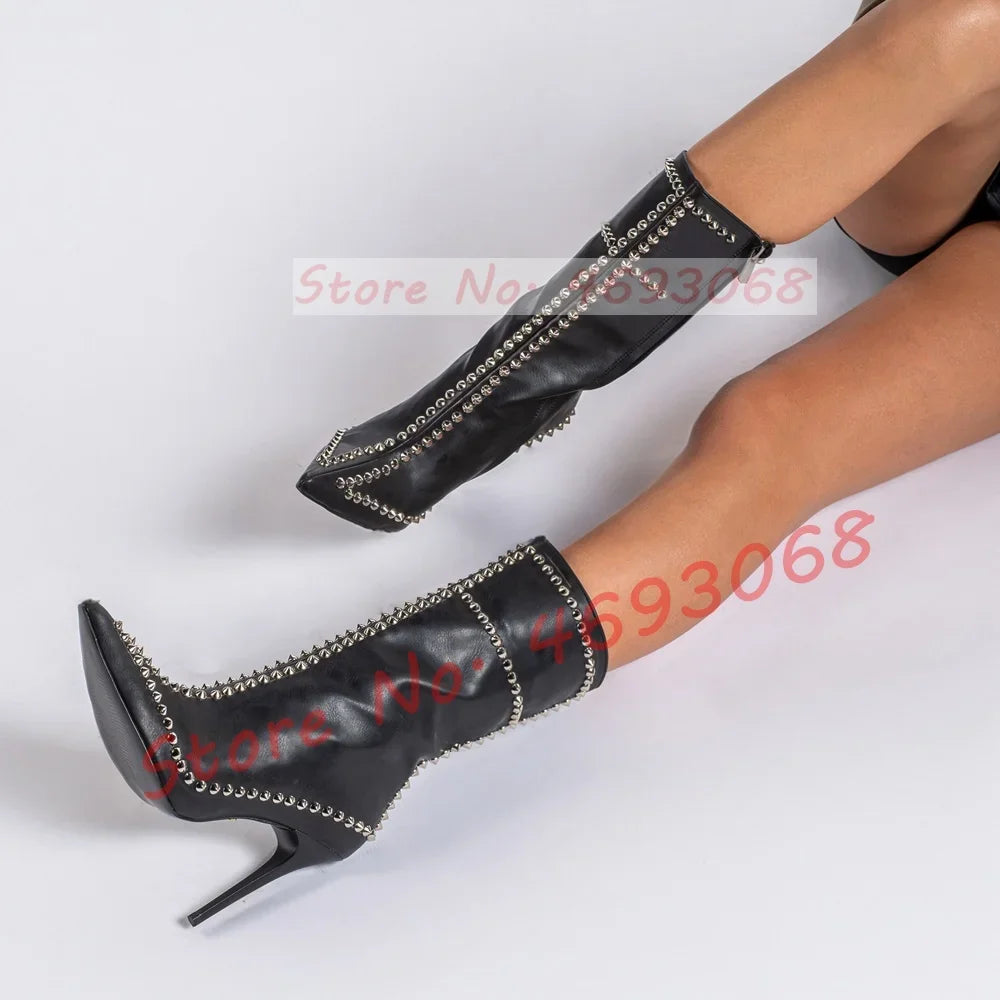 Pointed Toe Rivets Trim Heeled Ankle Boots Women Trendy Bling Studded Suede Leather Booties Luxury Side-zip Metal Dacor Shoes