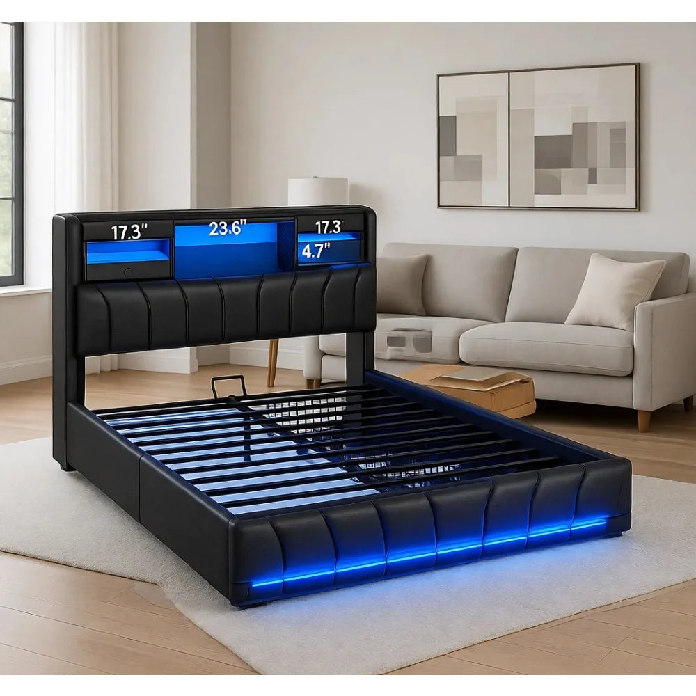 Platform Bed with Storage, Gaming Features and Charging Station, Leather Upholstered, Without Box Spring, Black