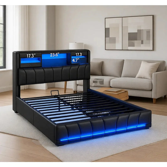 Platform Bed with Storage, Gaming Features and Charging Station, Leather Upholstered, Without Box Spring, Black