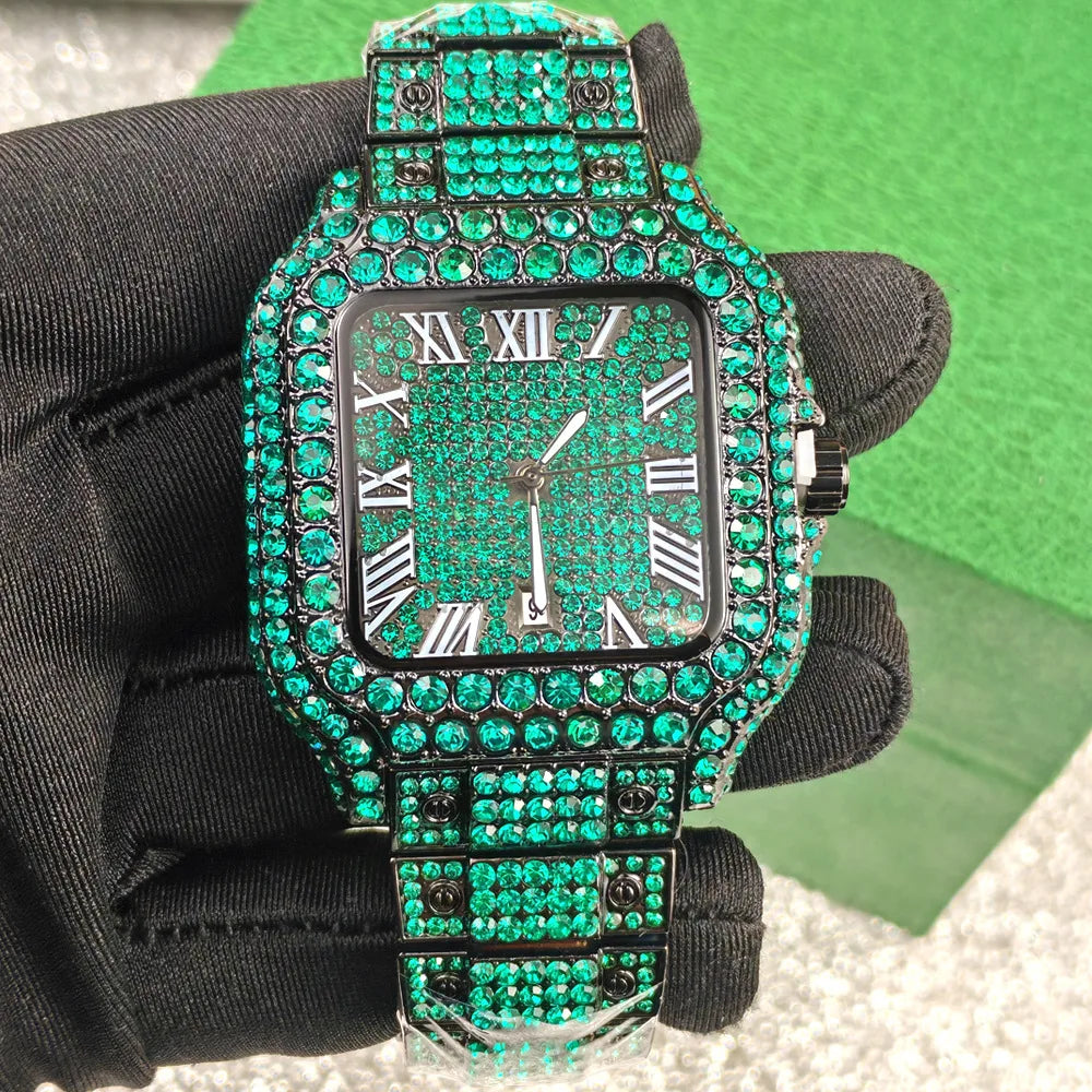 Classic Blue Black Iced Out Quartz Watch Men Full Diamond Watch Male Sliver Vintage Square Shaped Hip Hop Man AAA Clock Reloj
