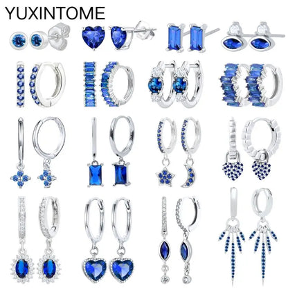 925 Sterling Silver Needle Dark Blue Crystal Silver Earrings Women's Exquisite Heart Blue Pendant Hoop Earrings Luxury Jewelry