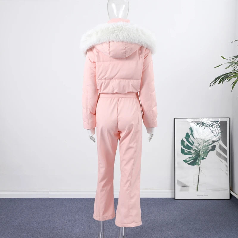 Fashion Hooded One-Piece Ski Jumpsuit Women Stand Collar Zipper High Waist Solid Windproof Outwear 2026 Winter Lady Skiwears New