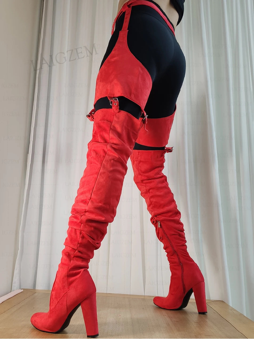 LAIGZEM Women Thigh High Chap Boots Round Toe Side Zip Faux Suede Waist Belted Thick Heels Boots Shoes Woman Big Size 39 45 52