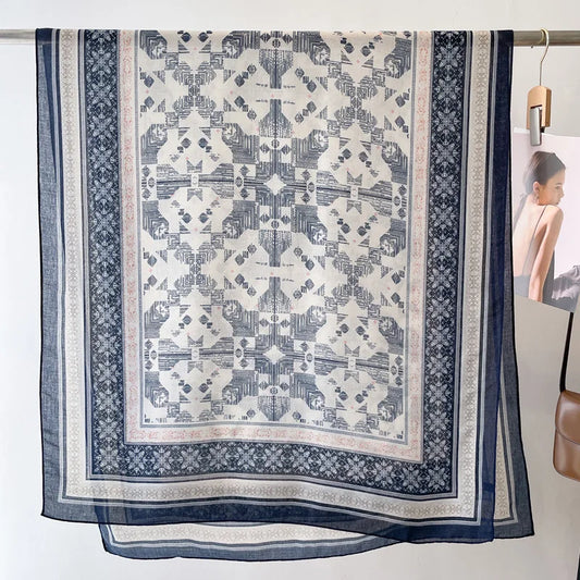 Sun Protection Silk Scarf Women's Retro Ethnic Style Cotton Linen Beach Holiday Wrap Shawl Outerwear Geometric Print Korean S...