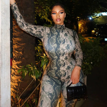 FLARORA Vintage Serpentine Printing Jumpsuits Woman Trend Turtleneck Full Sleeve Skinny Peach Hip Night Party Clubwear Overalls