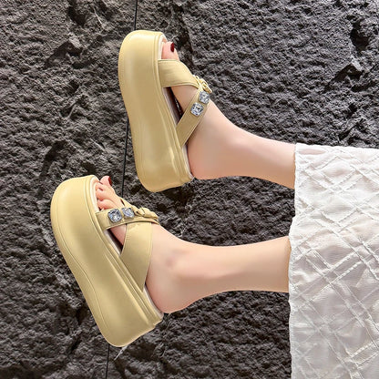Summer Women's Luxury Rhinestone Bow Platform Wedge Slides Sandals Height Increasing Cross Open Toe Casual Beach Slippers Shoes