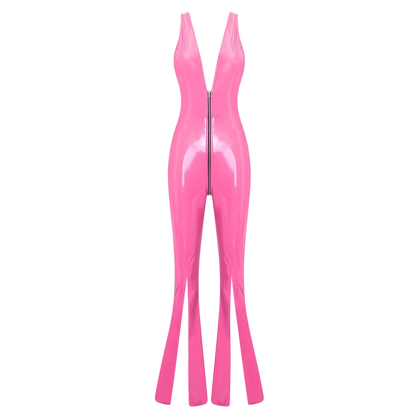 Women Glossy PU Flared Jumpsuit Deep V Neck Double-ended Zipper Split Bell Bottom Sleeveless Unitard Rompers Rave Party Clubwear