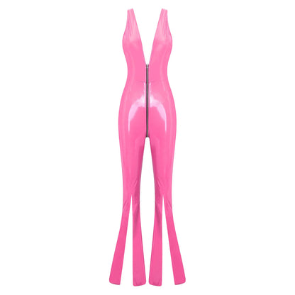 Women Glossy PU Flared Jumpsuit Deep V Neck Double-ended Zipper Split Bell Bottom Sleeveless Unitard Rompers Rave Party Clubwear