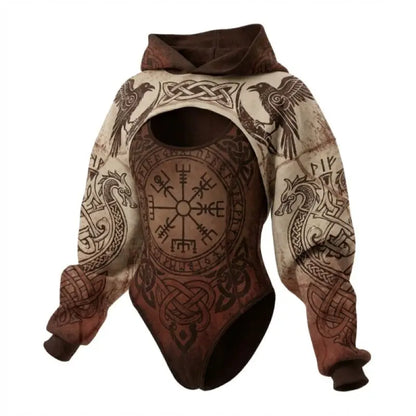 Ladies Viking Pattern Hooded Jumpsuit 2PCS Set Daily Home Lounge Streetwear Outdoor Walking Holiday Simple Comfortable Two Piece