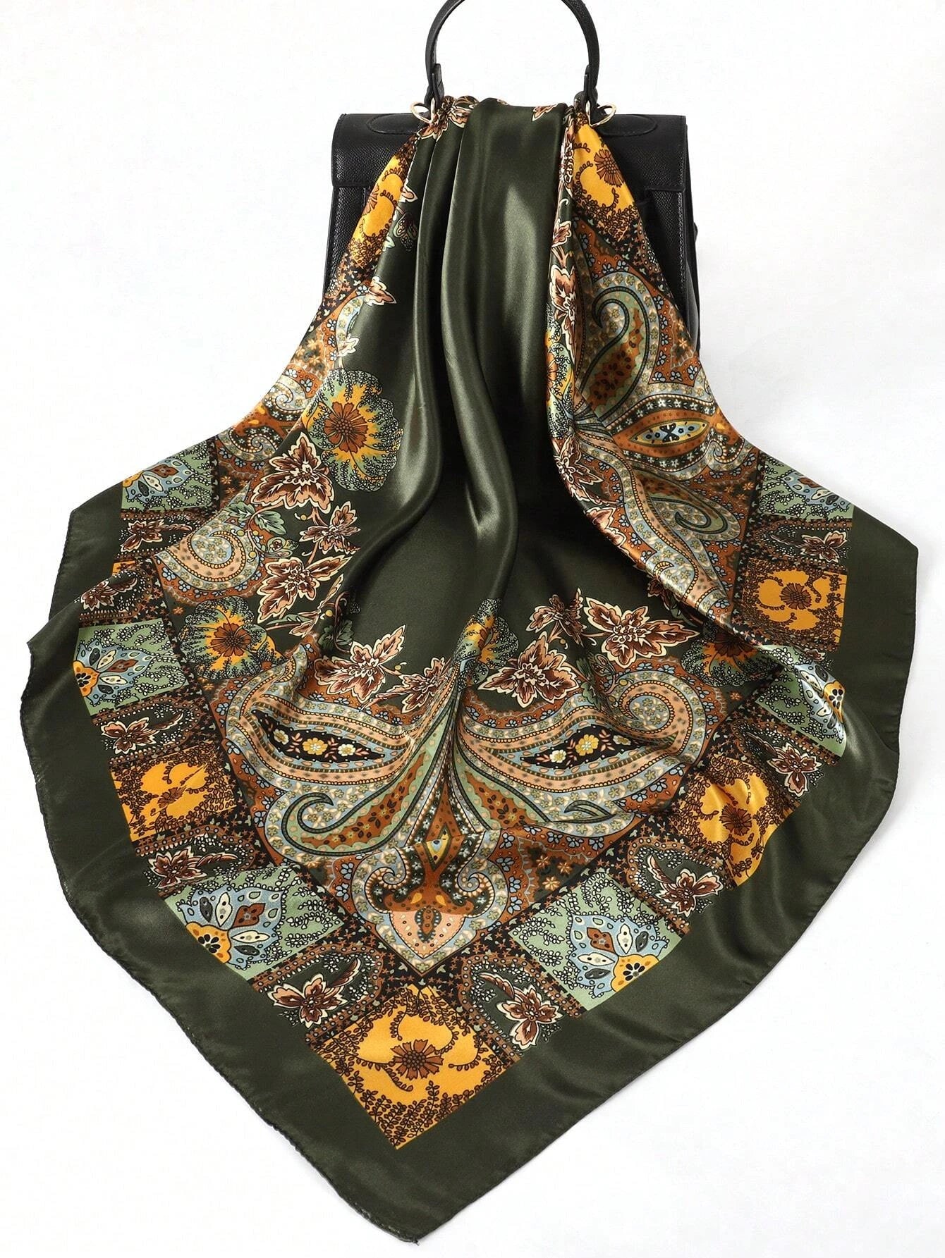 1pc Bohemian Print Faux Silk Satin Scarf Square Hijab New Elegant Floral Women Bandana Shawl Breathable Versatile Scarves