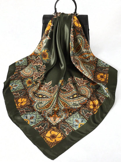 1pc Bohemian Print Faux Silk Satin Scarf Square Hijab New Elegant Floral Women Bandana Shawl Breathable Versatile Scarves