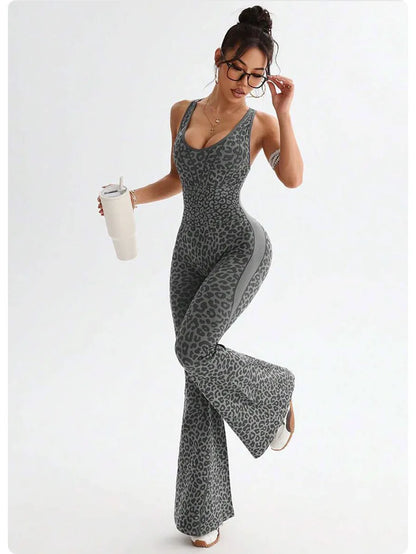 New Leopard Print Bodysuit Women Seamless Flared Pants Jumpsuits Sexy One-piece Fitness Suit Cross Back Stretchy Yoga Jumpsuits