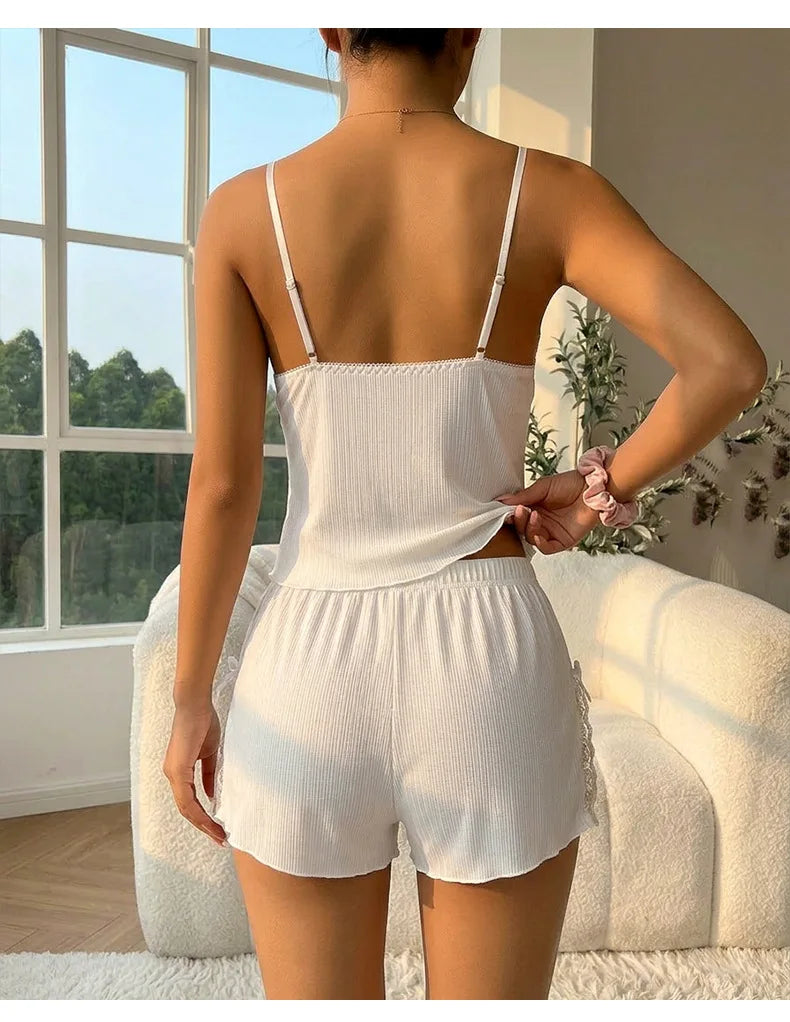 Women's Ribbed Lace Camisole Shorts Pajama Set Summer Breathe Sleeveless Sleepwear 2 Piece Set Female Soft Elastic Homewear