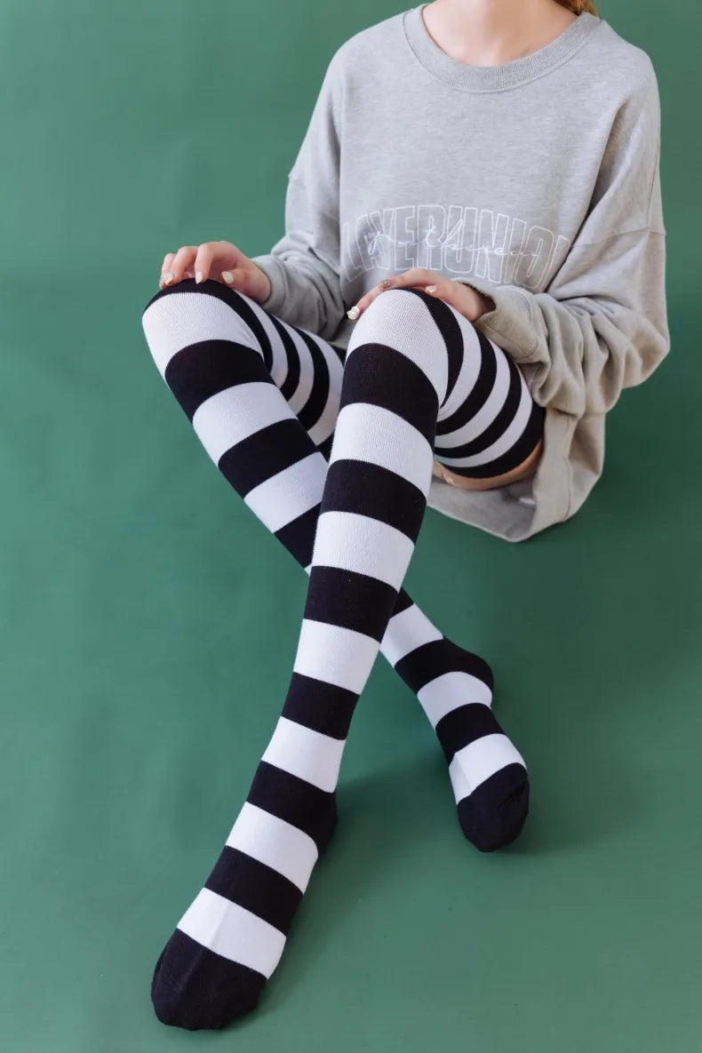 1/2 Pairs Women Over The Knee Socks Cotton Thigh High Socks Black White Blue Colorful Striped Pattern Fashion Casual Daily Wear