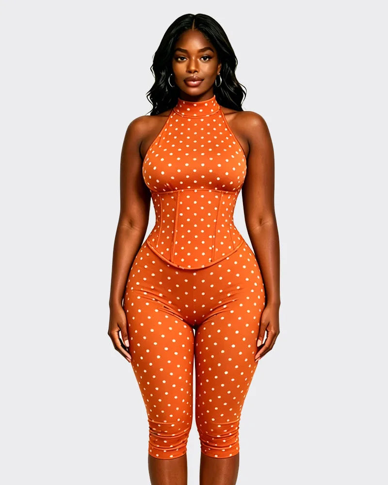 FAGADOER Cute Polka Dot Bodycon Rompers Hot Girl Streetwear Lace Up Bandage Corset Halter Jumpsuits Summer Night Club Playsuits