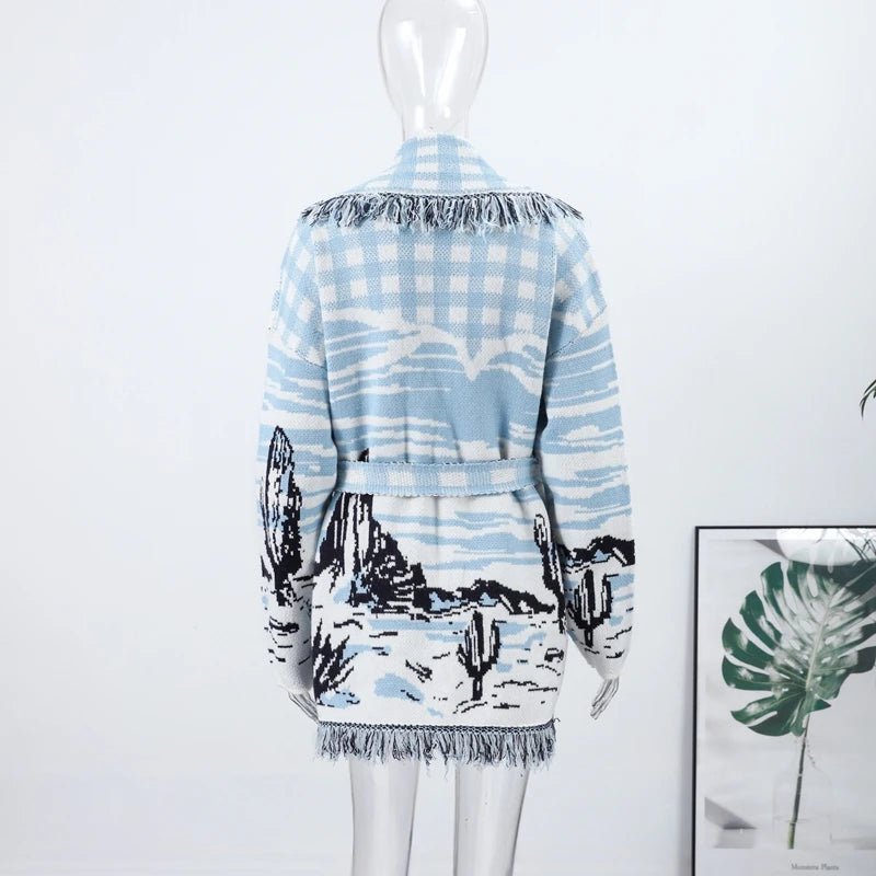 Casual Print Knit Cardigan Women V Neck Long Sleeves Tassels Belts Loose Sweater Female 2026 Autumn Winter Chic Warm Knitwears