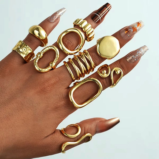 New 10Pcs/Set Irregular Smooth Rings Set for Women Geometric Exaggerated Gold Color Finger Rings Vintage Fashion Party Jewelry