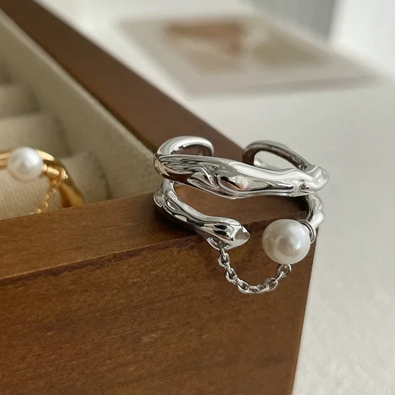 VENTFILLE 925 Sterling Silver Geometric Multilayer Round Bead Ring Female Fashion Punk Temperament Prevent Allergy Charm Jewelry