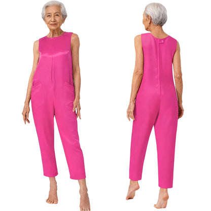 Women's Elderly Anti-Strip Adaptive Jumpsuit Back Legs Zip Long Sleeve Long Pants Nursing Rompers for Special Needs Disabilities
