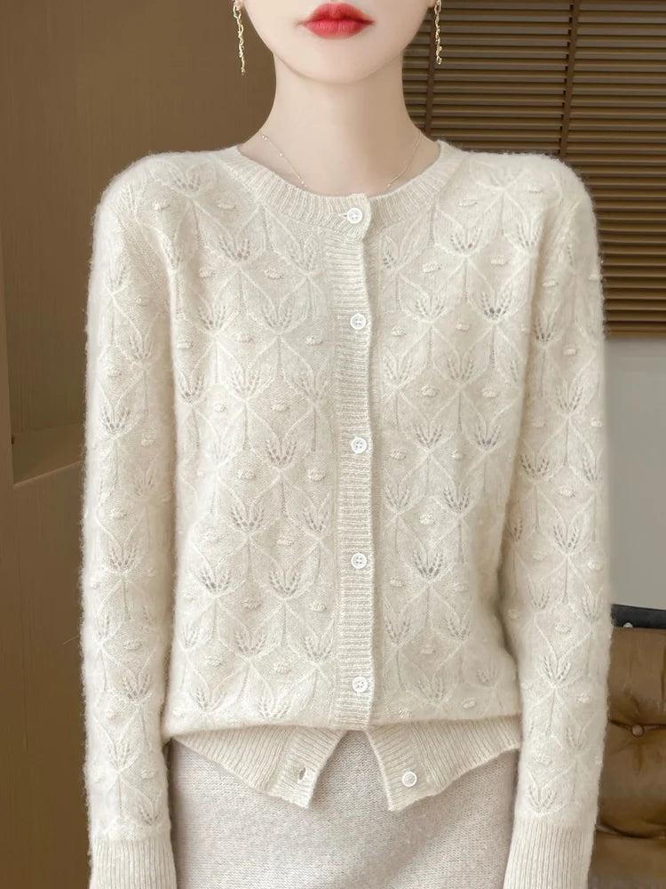 New Autumn Winter Soft Warm Cardigan Woman Cashmere Sweater O-neck Women 100% Merino Wool Sweater Loose Fit Hollow out Top Coat