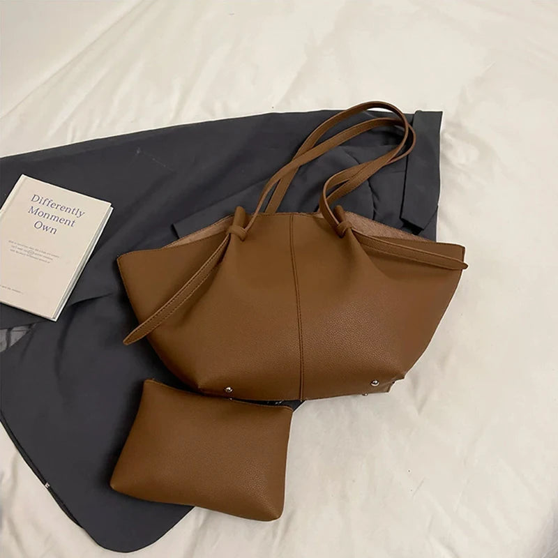 Luxury Designer Women's Soft PU Leather 2-in-1 Shoulder Tote Bag Set Big Capacity Branded Shopper Handbags Gray Blue PinkTan