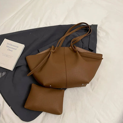 Luxury Designer Women's Soft PU Leather 2-in-1 Shoulder Tote Bag Set Big Capacity Branded Shopper Handbags Gray Blue PinkTan