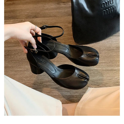 Modern Heels Pumps Women Round High Heel Leather Square Split Toe Pumps Shoes Spring Summer Sandals Mary Janes Shoes Heels Women