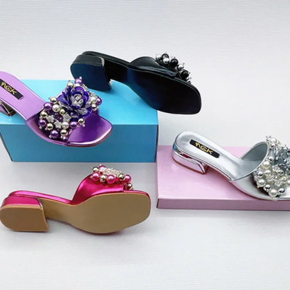 Women Purple Block Heels 3cm Slippers To Match Shoes And Bag Crystal Flowers High Heeled Slides For Summer Fashionable Shoes 43