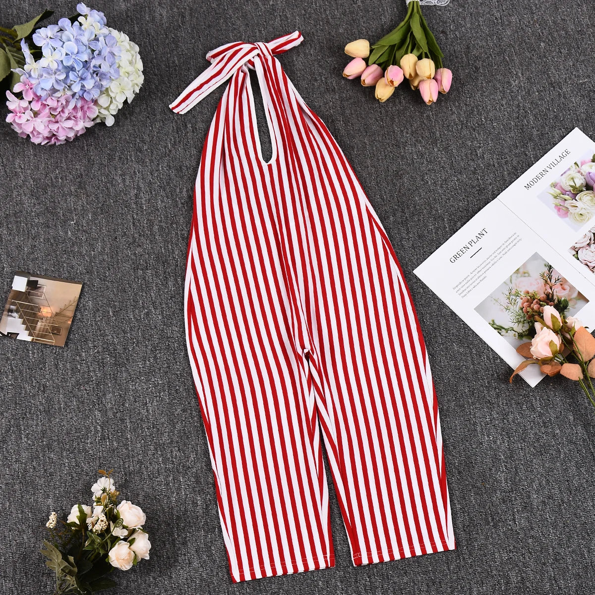 Nibber Backless Stripe Print Playsuit Women Sleeveless Halter V-neck Bandage Skinny Sexy Club Activity Fitness Workout Romper