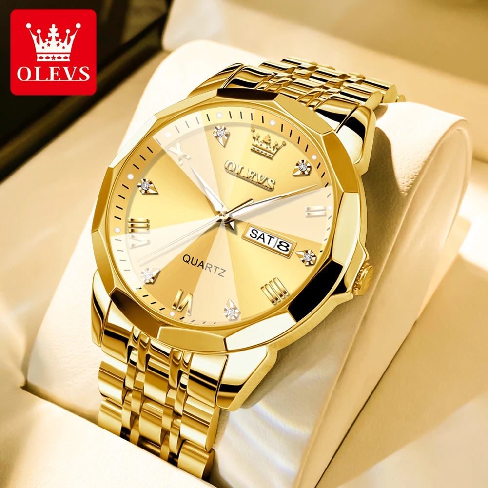 OLEVS Original Waterproof Men's Watches Diamond Mirror Quartz Watch for Man Luminous Stainless Steel Wristwatch Male Date Week