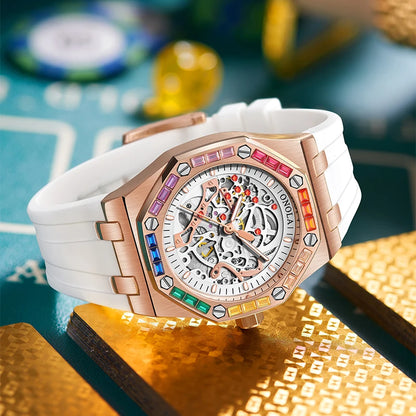 ONOLA 3834 Luxury Diamond Set Design Men's Automatic Mechanical Watch Fashion Hollow Sports Silicone Strap Watches for Man
