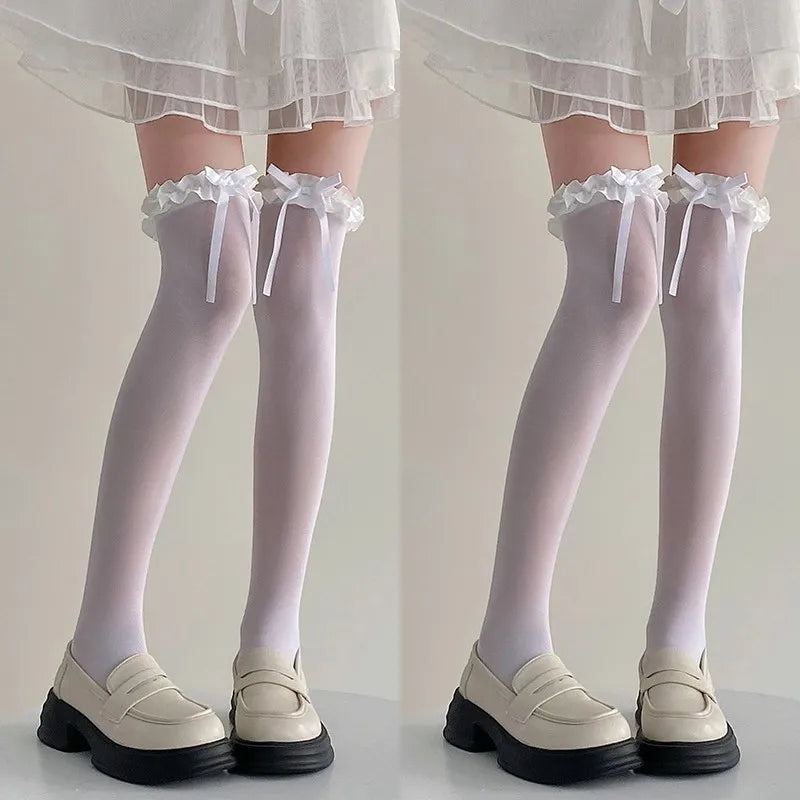 1/2/3pairs Japanese Lolita Jk Knee High Long Sock Black White Bow Ribbon Stockings Sexy Lace Thigh High Socks Sweet Cute Hosiery