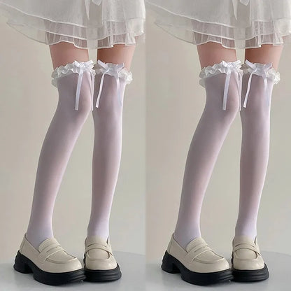 1/2/3pairs Japanese Lolita Jk Knee High Long Sock Black White Bow Ribbon Stockings Sexy Lace Thigh High Socks Sweet Cute Hosiery