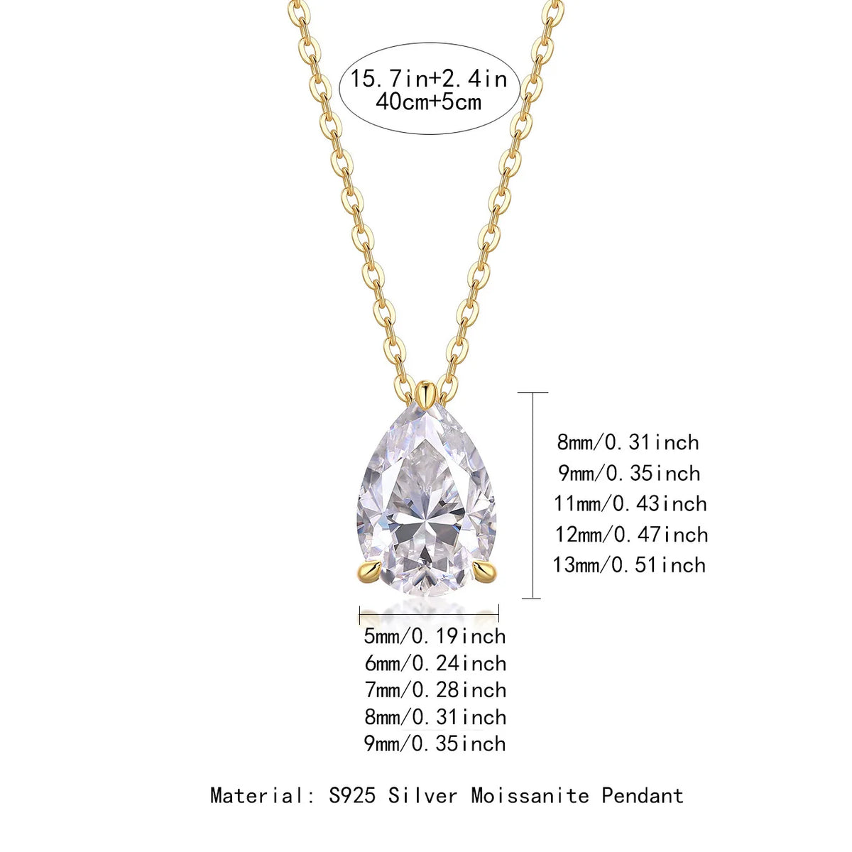 TY Certified 1CT 2CT Pear Cut D VVS1 Moissanite Necklace for Women 18k Gold Plated Jewelry 100% Sterling Silver 925 Pendant