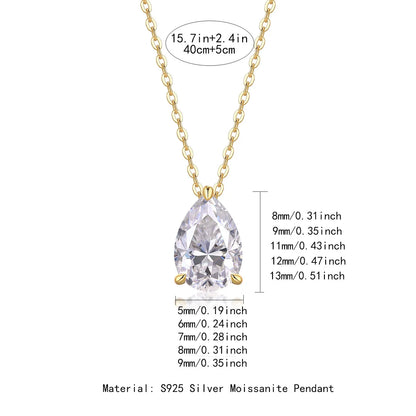 TY Certified 1CT 2CT Pear Cut D VVS1 Moissanite Necklace for Women 18k Gold Plated Jewelry 100% Sterling Silver 925 Pendant